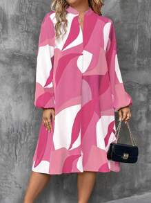 大码休闲长袖连衣裙，简约时尚，适合夏季 - 粉色 - 查看 1