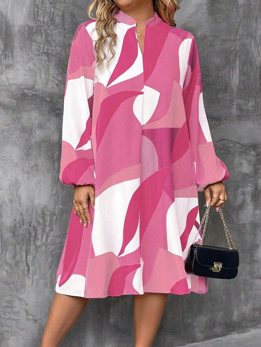 大码休闲长袖连衣裙，简约时尚，适合夏季 - 粉色 - 查看 1