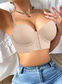 SHEIN LustreForm Áo ngực có gọng có thể tháo rời, khóa cài phía trước, nâng ngực nhỏ, dây đeo vai không dây và có thể tháo rời, mặc được trong mọi dịp, bao gồm dây đeo thường và trong suốt, gói đơn - Màu be - Xem 6