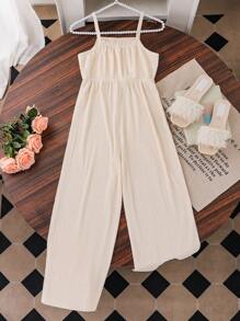 SHEIN Vintaside Kids Tween Girls' Floral Print Wide Leg Jumpsuit - Apricot - View 2