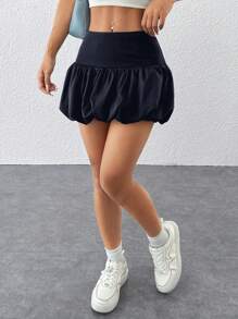 SHEIN PETITE Women's Casual Navy Blue Mini Skirt With Bubble Hem Detail