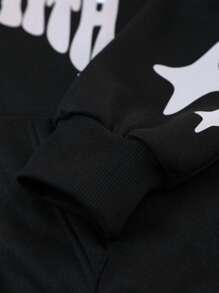 Tween Boy Casual Letter Print Hooded Zip-Up Fleece Sweatshirt, Autumn/Winter - Black - View 3