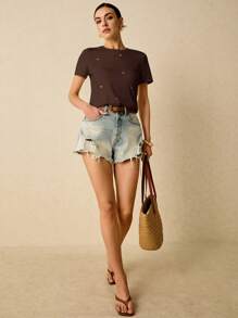 Poéselle 女士金线刺绣心形印花休闲日常装短袖 T 恤，夏季 T 恤女士 T 恤棉质茶会服装刺绣上衣 T 恤夏季上衣 - 咖啡棕 - 查看 3