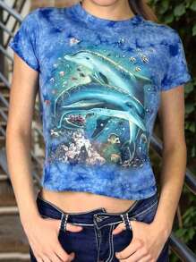 INAWLY Bảo vệ sinh vật biển/In kỹ thuật số các yếu tố biển/Áo phông nữ cạp cao ôm vừa vặn/Mới cho mùa xuân/hè - Nhiều màu - Xem 1