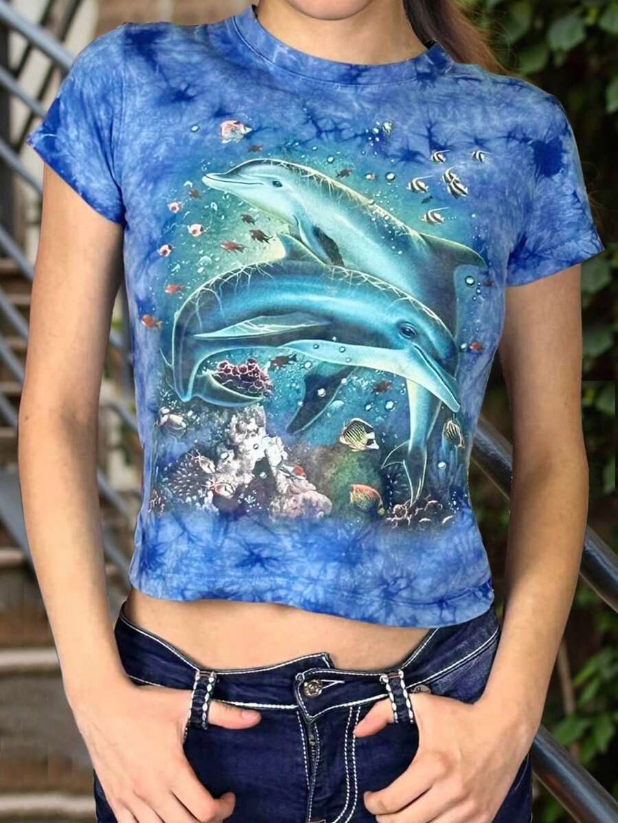 INAWLY Bảo vệ sinh vật biển/In kỹ thuật số các yếu tố biển/Áo phông nữ cạp cao ôm vừa vặn/Mới cho mùa xuân/hè - Nhiều màu - Xem 1