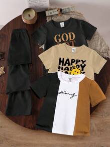 SHEIN Playful Pals 3 件装男童休闲简约字母标语卡通风格短袖 T 恤和短裤套装 - 彩色 - 查看 3