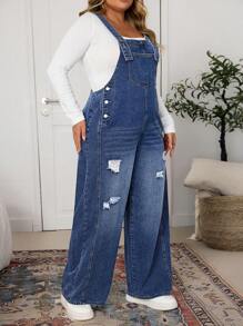 EMERY ROSE 大码女式口袋破洞宽松阔腿休闲牛仔连体裤