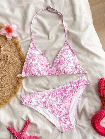 SHEIN Teen Girls Seaside Vacation Pink Floral Print Knit Halterneck V-Neck Bikini Set, Beach Outfit Bathing Suit Summer,Summer Beach