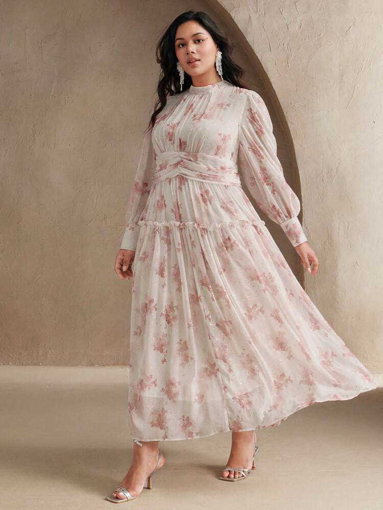 플러스 사이즈 여성용 허리 주름 디테일이 있는 긴 드레스, 쉬폰 플로럴 프린트, 봄, 웨딩 게스트, 졸업식에 적합한 우아한 스타일