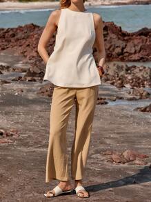 SHEIN LUNE 2 pezzi Set di canotta con scollo tondo e pantaloni lunghi casual e da ufficio per donne - Cachi - Visualizzare 3