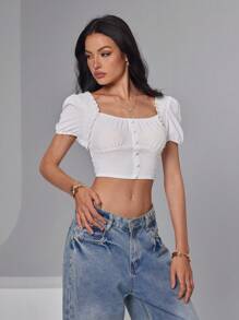 Roylia 女士方领优雅法式浪漫版型纹理可爱泡泡袖短款衬衫 - 白色 - 查看 5