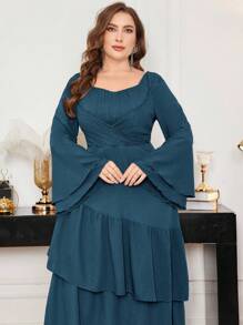Modelyn Plus Size Women Long Bell Sleeve Ruffle Hem Elegant Dress, Spring/Summer - Dusty Blue - View 1