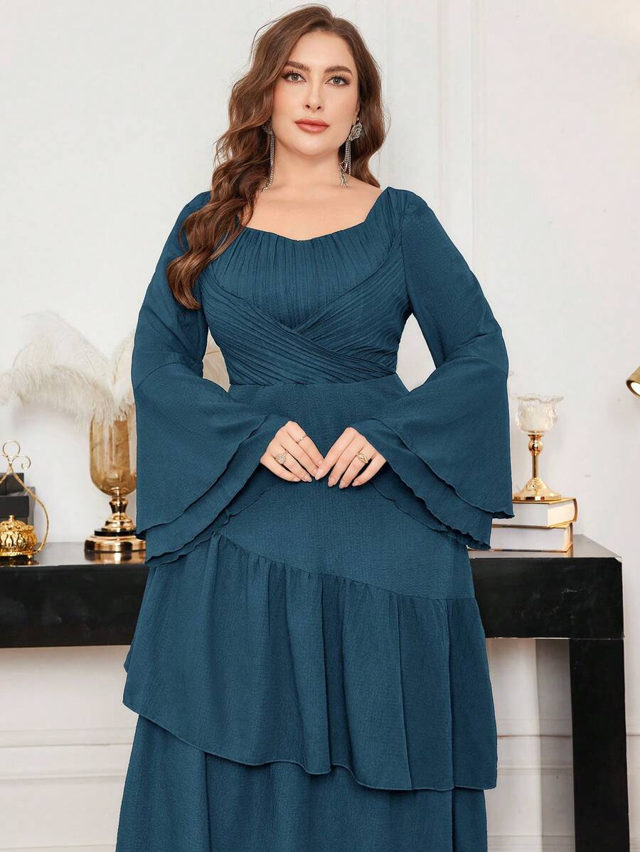 Modelyn Plus Size Women Long Bell Sleeve Ruffle Hem Elegant Dress, Spring/Summer - Dusty Blue - View 1
