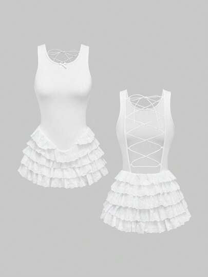 ROMWE Avant Vestido corto de mujer con cintura baja, estilo de tutú y encaje, con estilo deportivo y dulce