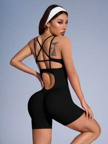 SHEIN Sport Studio Sexy Solid Color Backless Seamless Sports Romper