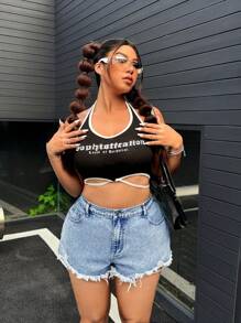 SHEIN ICON Plus Size Women's Bow Embroidered Washed Non-Stretch Denim Shorts - Light Wash - View 4