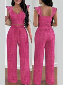 SHEIN Clasi 2pcs Set Women Allover Print Peplum Sweetheart Neck Top And Tie Detail Long Pants - Pink - View 1