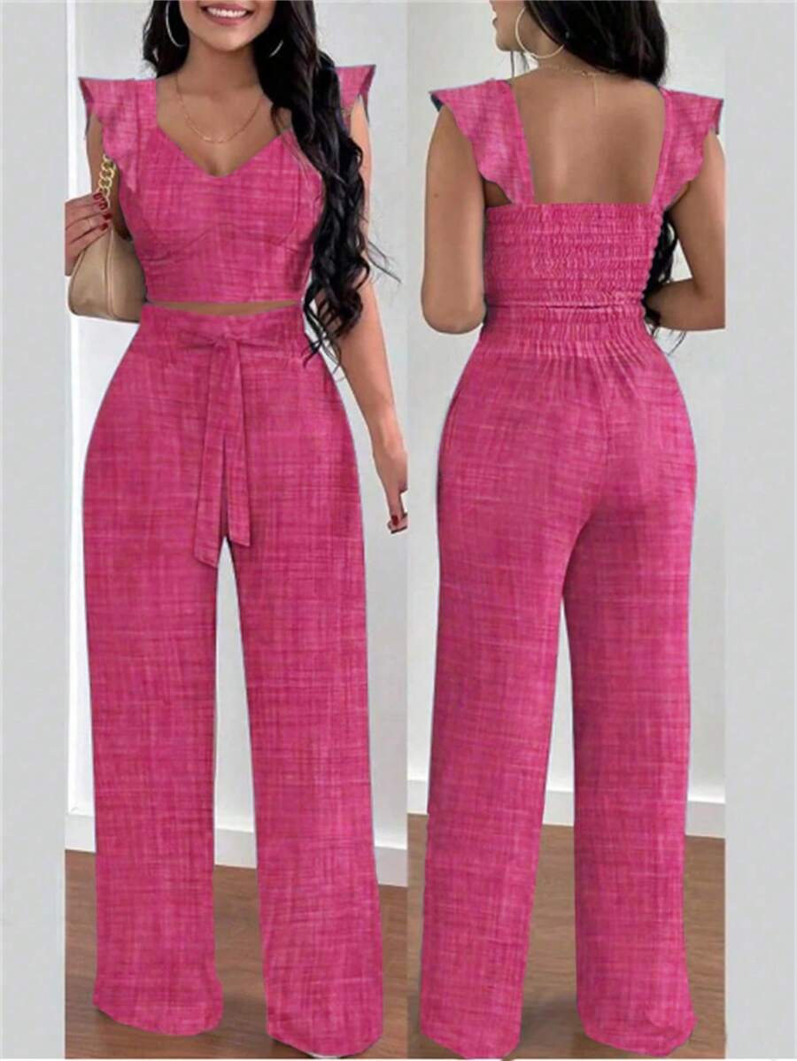 SHEIN Clasi 2pcs Set Women Allover Print Peplum Sweetheart Neck Top And Tie Detail Long Pants - Pink - View 1