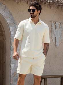 DAZY Men's Beige Textured Polo Shirt & Shorts Set, Summer - Beige - View 5