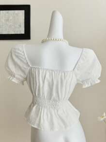 SHEIN Unity 1 件白色刺绣面料泡泡袖短款女式衬衫