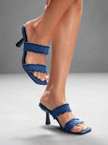 CUCCOO SZL Women Diamond Embellished Open Toe Slingback Stiletto Sandals, Minimalist Chic Style - Blue - View 4