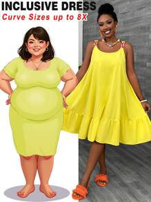 SHEIN CURVE+ Plus Size Casual Yellow Chain Strap A-Line Summer Dress Boho Vacation - Yellow - View 1