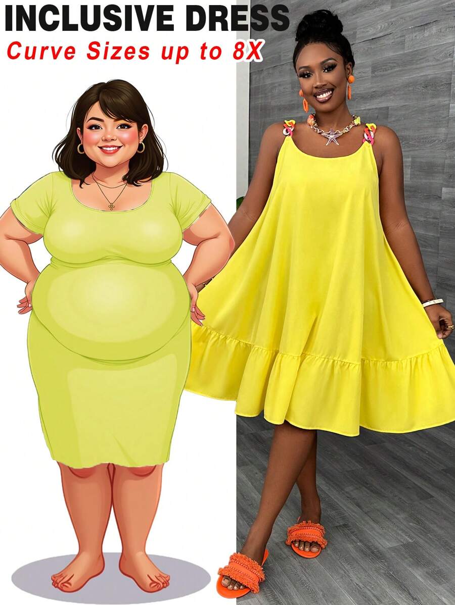 SHEIN CURVE+ Plus Size Casual Yellow Chain Strap A-Line Summer Dress Boho Vacation - Yellow - View 1