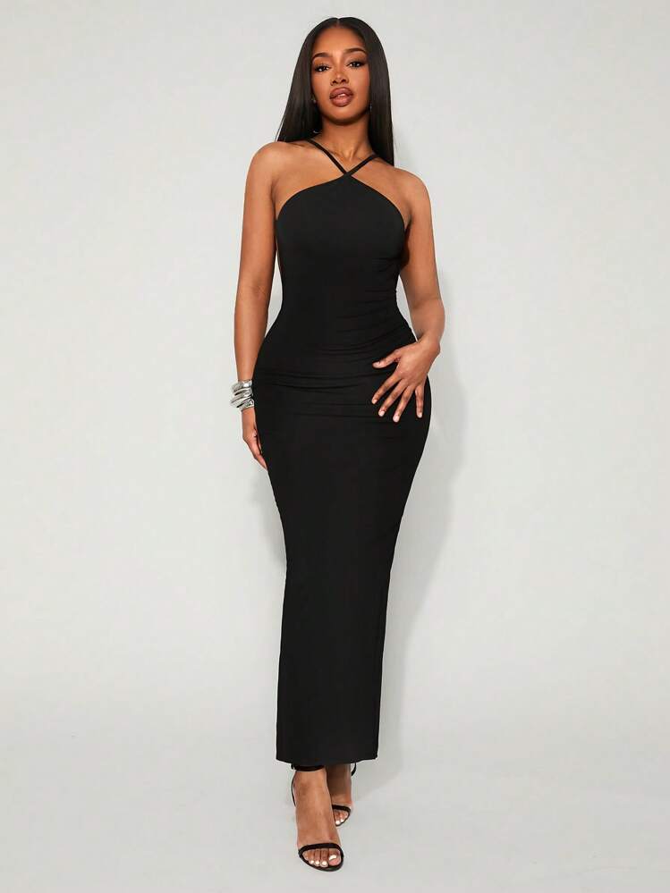 shein black backless dress SHEIN Women's Sexy Backless Long Dress With Spaghetti Straps And Tie Back,  Black, Spring/Summer