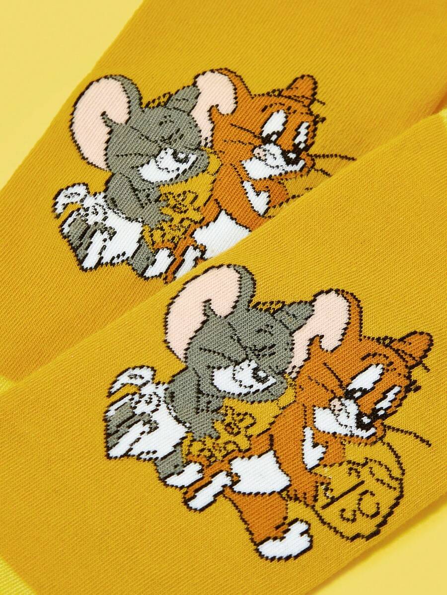 TOM & JERRY X SHEIN 1 Pair Women's Colorblock Soft Cartoon Mouse & Cheese Pattern Ankle Socks - Yellow - View 1