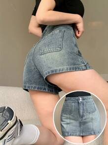 DAZY Women's High Waisted Double Button Denim Shorts, Summer,Skorts - Medium Wash - View 1