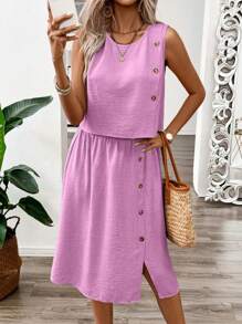 EMERY ROSE 2 stuks/set dames effen knoopontwerp mouwloze blouse en minirokset