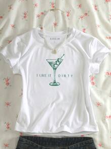 INAWLY 女士标语印花圆领短袖休闲百搭 T 恤 - 白色 - 查看 3