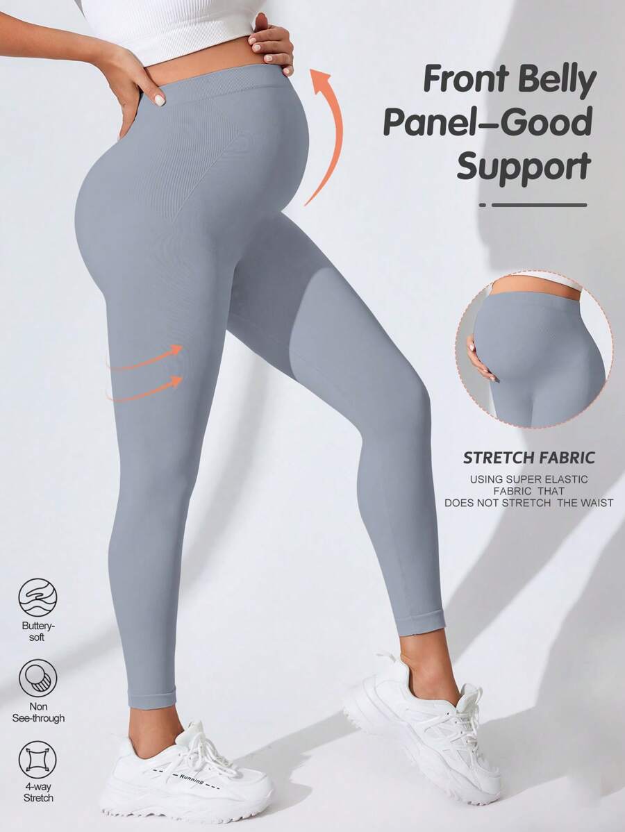 SHEIN 孕妇高腰无缝瑜伽紧身裤，纯色 - 灰色 - 查看 1