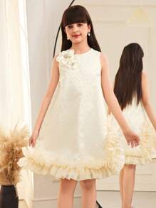 SHEIN Tween Girls Elegant Fitted Handmade Beaded 3D Floral Mesh Organza A-Line Sleeveless Dress, Loose Fit Woven Plain Fabric, Suitable For Wedding, Party, Birthday, Apricot & Champagne Colors