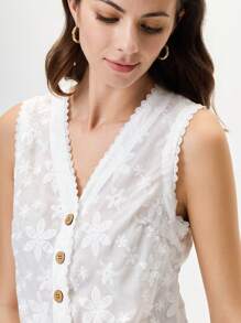 SHEIN LUNE Women's Casual Sleeveless Embroidered Woven Fabric Front-Open Tank Top, Spring/Summer - White - View 5