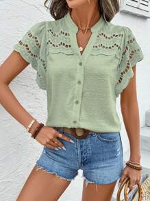 SHEIN LUNE Bluză cu guler cu decupaj brodat, de culoare solidă, de vacanță - Verde - Vizualizare 3