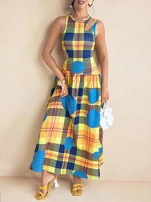 SHAQUITA GARCIA Gelbes und blaues Preppy Karomuster Kleid mit ausgeschnittener Schulter, gerafft, A-Linie Silhouette für den Sommerurlaub