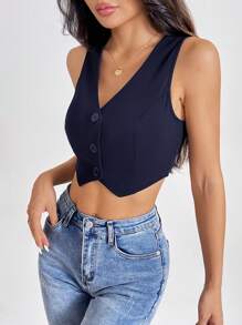 SHEIN PETITE Women's Navy Blue Sleeveless Knitted V-Neck Casual Crop Blazer Vest With Button Front And Asymmetrical Hem In Fall/Winter - Navy Blue - View 7