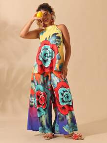 SHEIN Clasi Flowers Birds Women Plus Size Floral Print Halter Cami + Pants 2pcs Set, Vacation - Multicolor - View 6