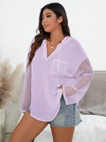 SHEIN Essnce Áo hoodie rút dây màu trơn cỡ lớn thường ngày - Màu tím hoa cà - Xem 6