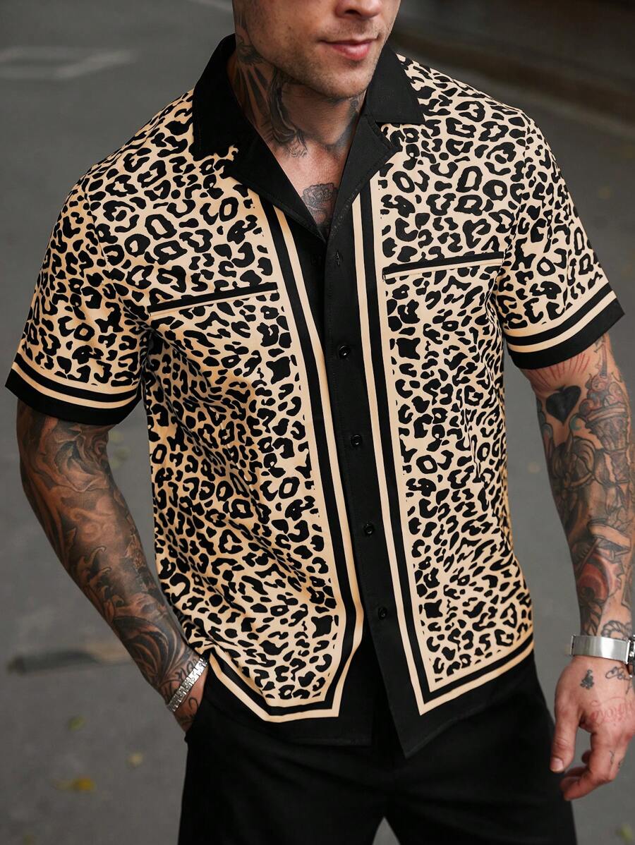 Manfinity RSRT Men's Casual Leopard Print Contrast Trim Front Button Short Sleeve Shirt, Summer - Multicolor - View 1