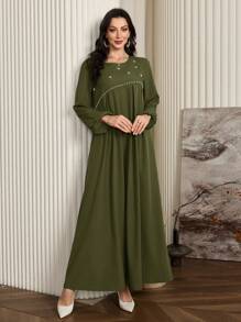 Al Najma Women's Elegant Long Sleeve Arabic Style Dress With Beaded Embellishment, Elegant A Line Arabian Dresses, For Casual Daily, Modest - Army Green - View 8