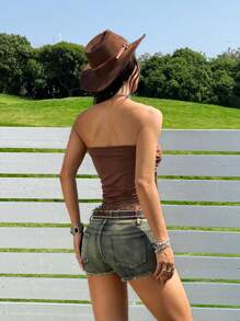 SHEIN EZwear 女式西式前结下摆撞色蕾丝嵌件短款吊带背心