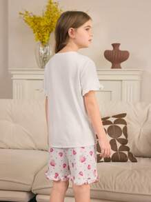 Tween Girls Minimalist Love Print Ruffle Trim White Top & Shorts 2 Pieces Pajama Set - Beige - View 6