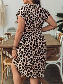 SHEIN VCAY Plus Size Leopard Print Cut-Out Neck Tie-Waist Casual Dress - Multicolor - View 2
