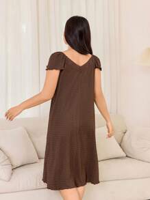 Dream Adore Große Größen Nachthemd mit Spitzen Patchwork, V-Ausschnitt und Schleife im Jacquard-Muster