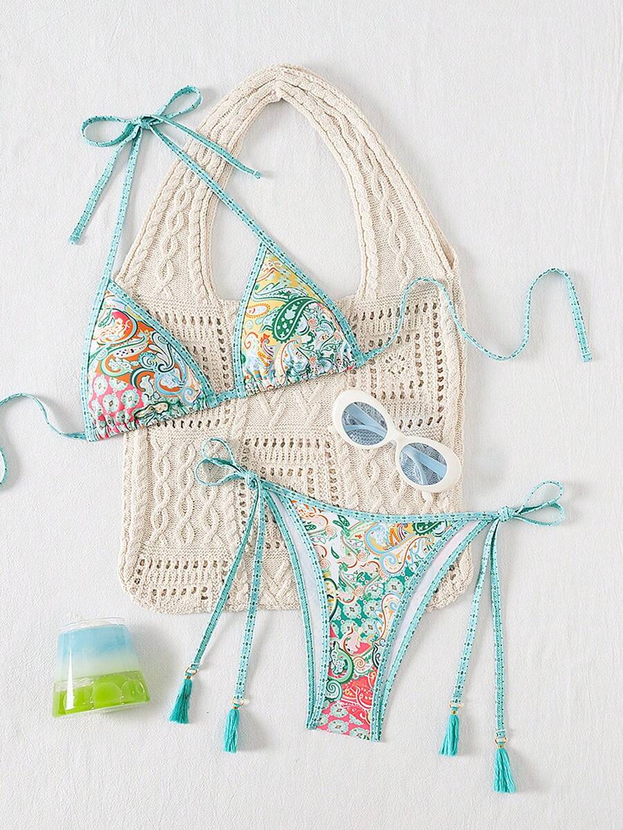 Swim Vcay Women's Summer Vacation Beach Paisley Print Halter Neck Bikini Set - Mint Green - View 1
