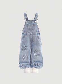 SHEIN Baby Girls Y2K Vintage Blue Denim Wide Leg Overalls With Star & Fringe Details,Street Cool Style Clothes - Light Wash - View 1