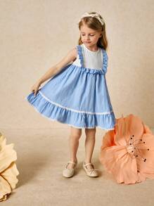 SHEIN Young Girls' Elegant Blue Ruffle Trim Dress, Spring/Summer - Blue - View 6