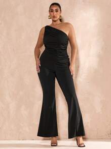 SHEIN BAE Plus Size Women's Sleeveless One Shoulder Gathered Top And Stretch Straight Pants, Country Concert Outfit, - Black - View 4